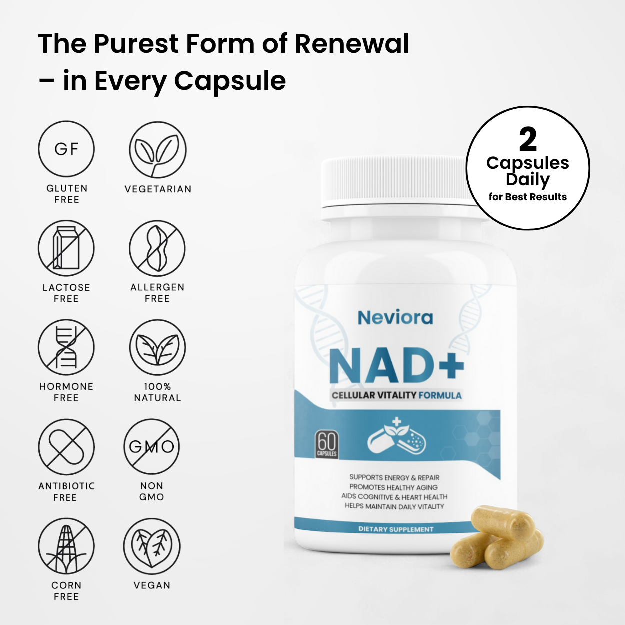 Neviora NAD+ supplement bottle with certification icons on a white background